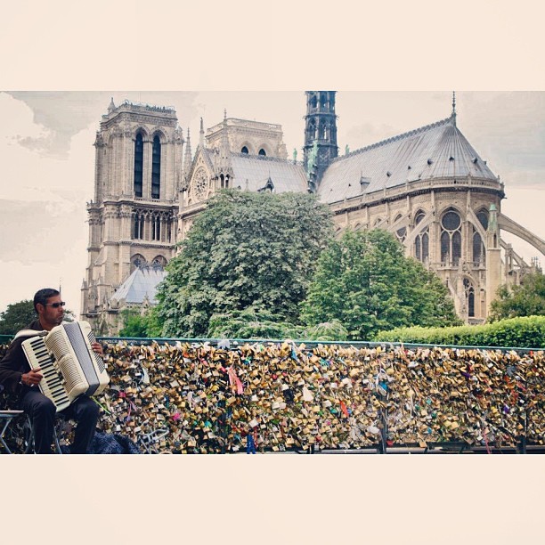 #paris #accordion #notredame #locks #lovelocks #man #musician #music #sound #travel #paris #sunny #daytime ##bridge