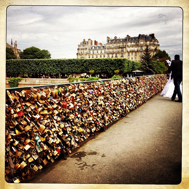 Bride and groom and love locks.