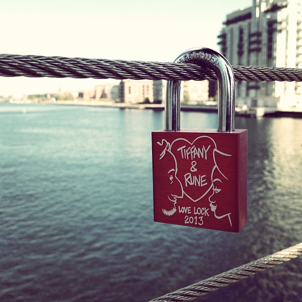 Rune and I made the trip to Islands Brygge today, to exhibit our very first Love Lock in Denmark! Followed by the customary tossing the keys over our shoulder, and it to the canal below. This is the first of many love locks we plan to leave around the world.