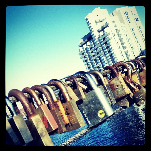 Love locks on the pedestrian bridge Bryggebroen bridge amager